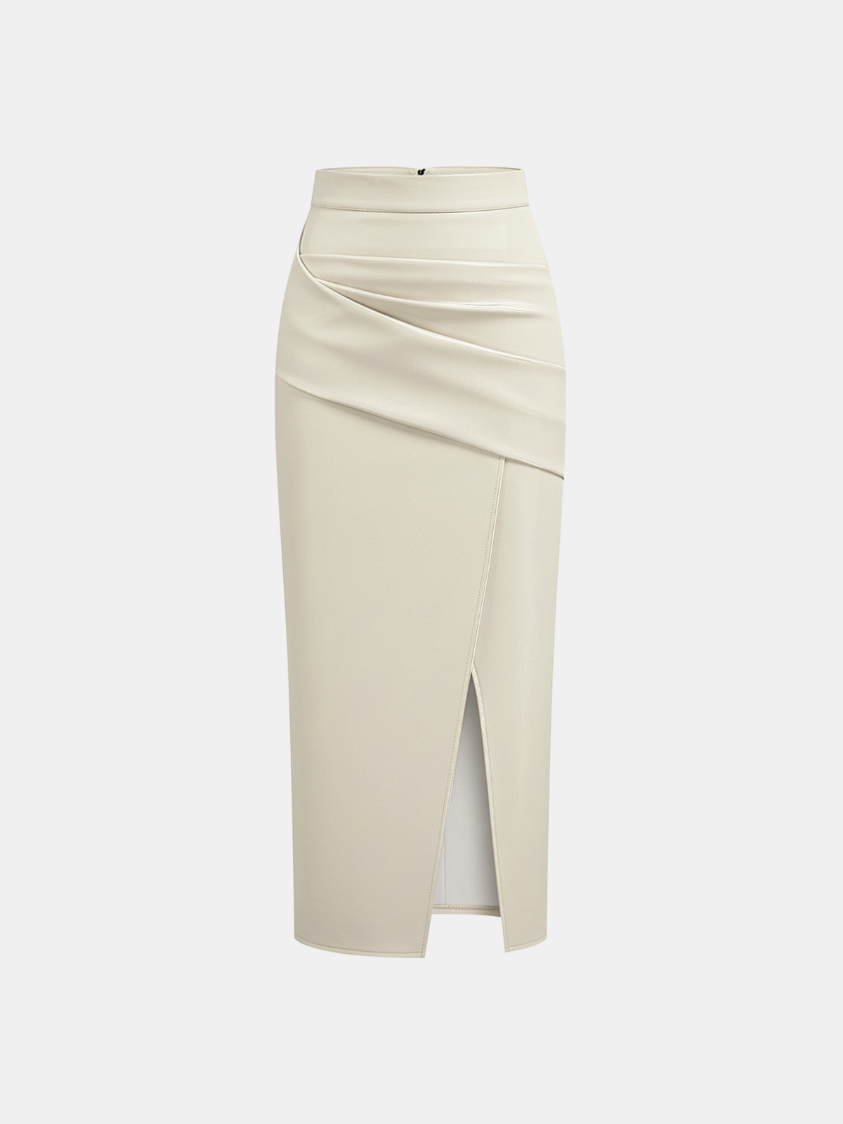 Ruched Faux Leather Midi Skirt with Front Slit