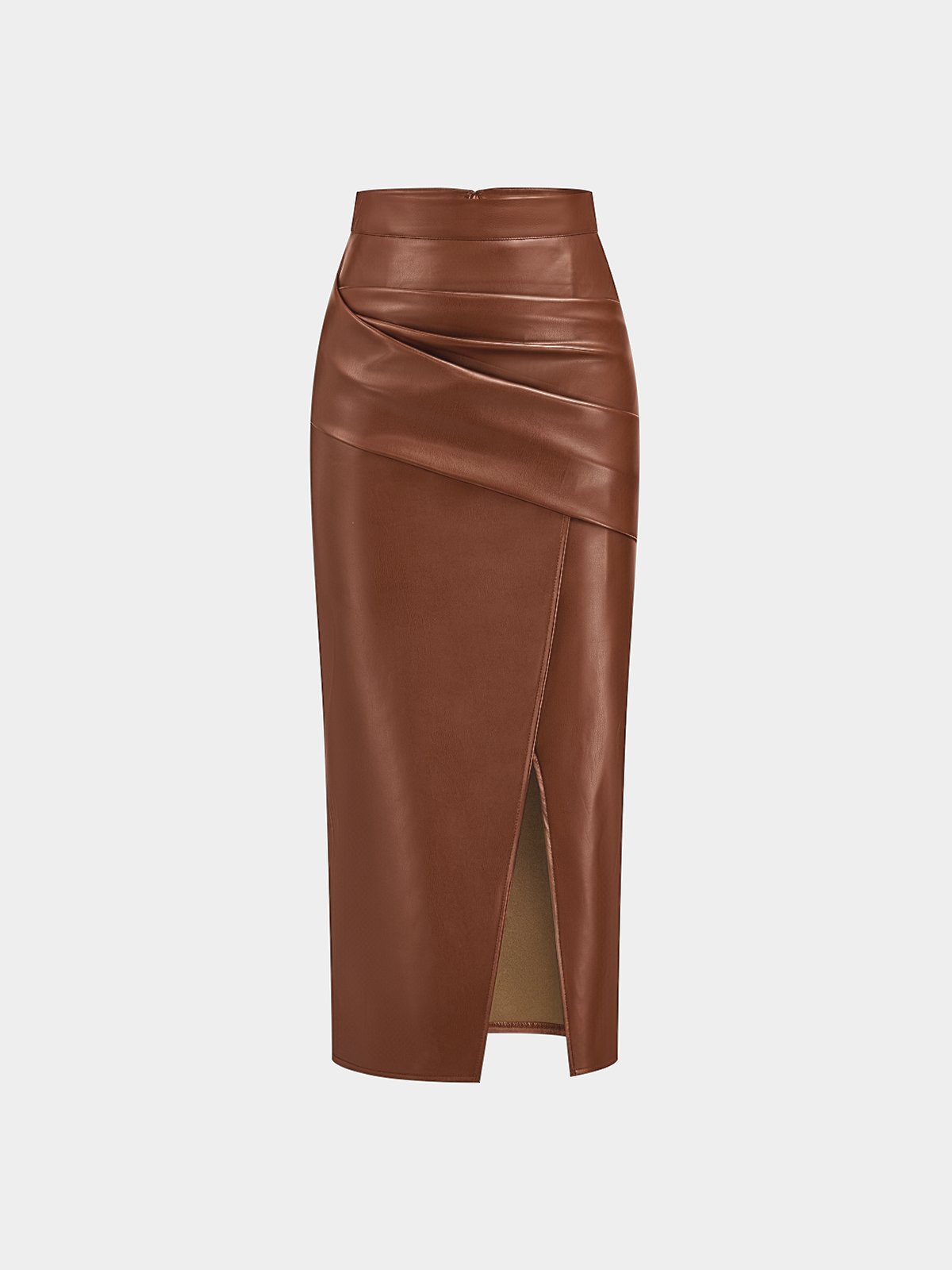 Ruched Faux Leather Midi Skirt with Front Slit