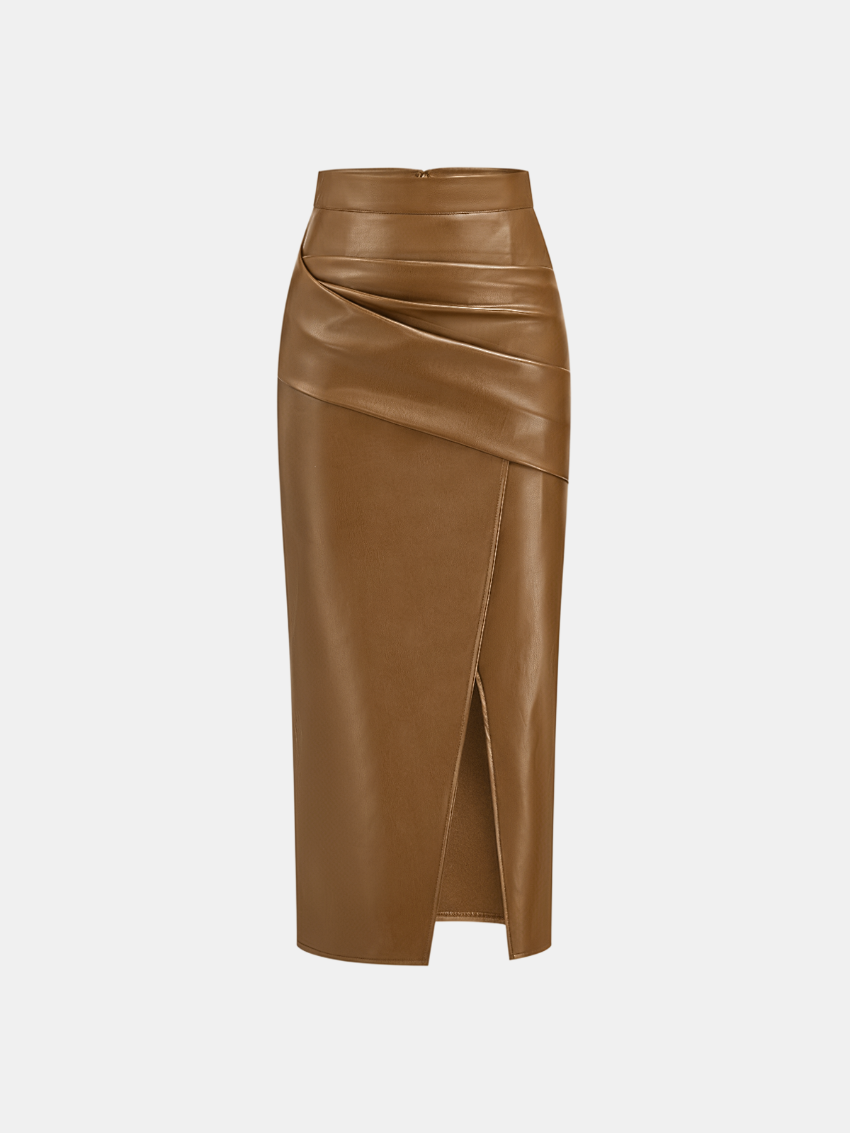 Ruched Faux Leather Midi Skirt with Front Slit