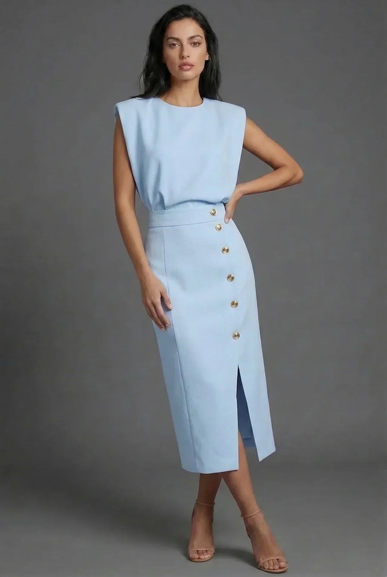 Shift Work Sleeveless Button Detail Midi Dress