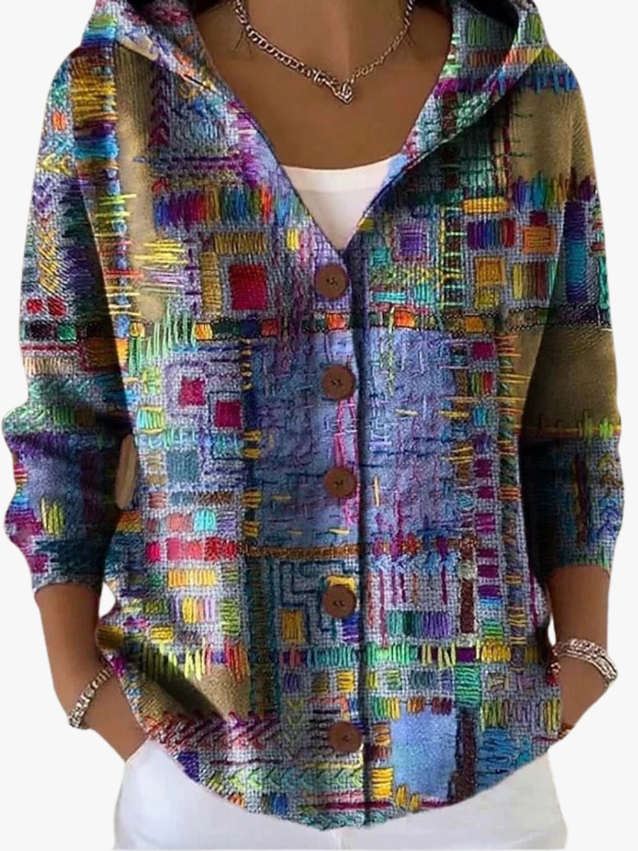 Multicolor artistic print button-front hoodie, front view