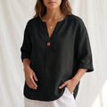 Cotton Linen V Neck Button Front Blouse