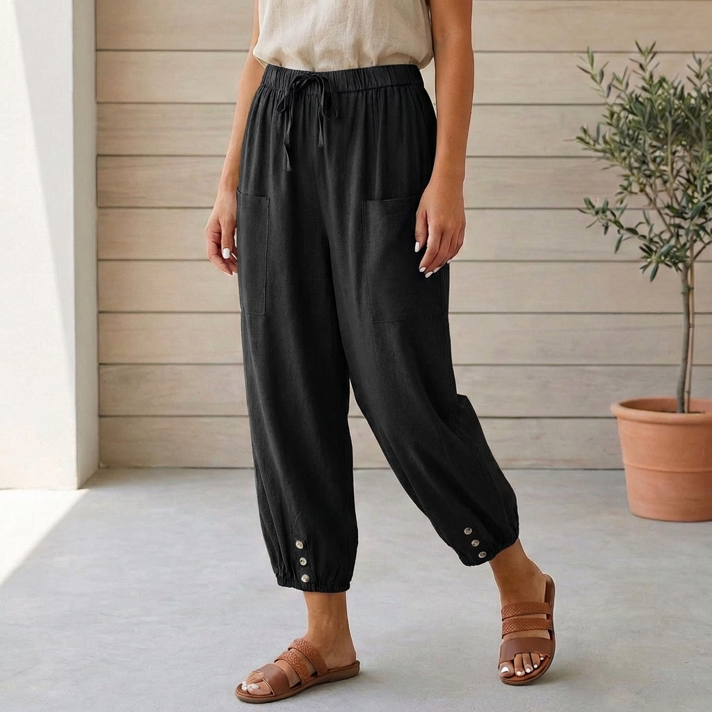 High-Waisted Relaxed Cropped Pants with Gathered Ankles