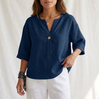 Cotton Linen V-Neck Blouse with Button Front and Cuffed Sleeves