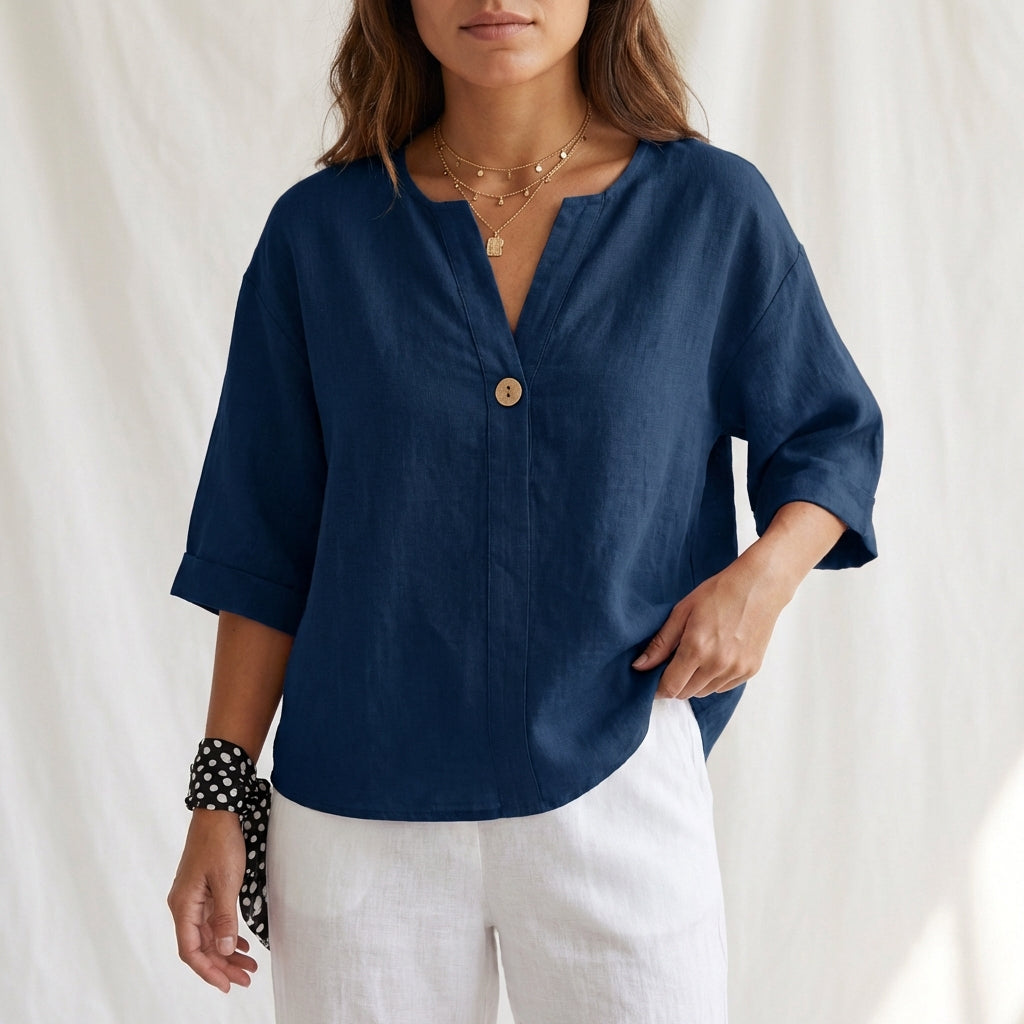 Cotton Linen V Neck Button Front Blouse