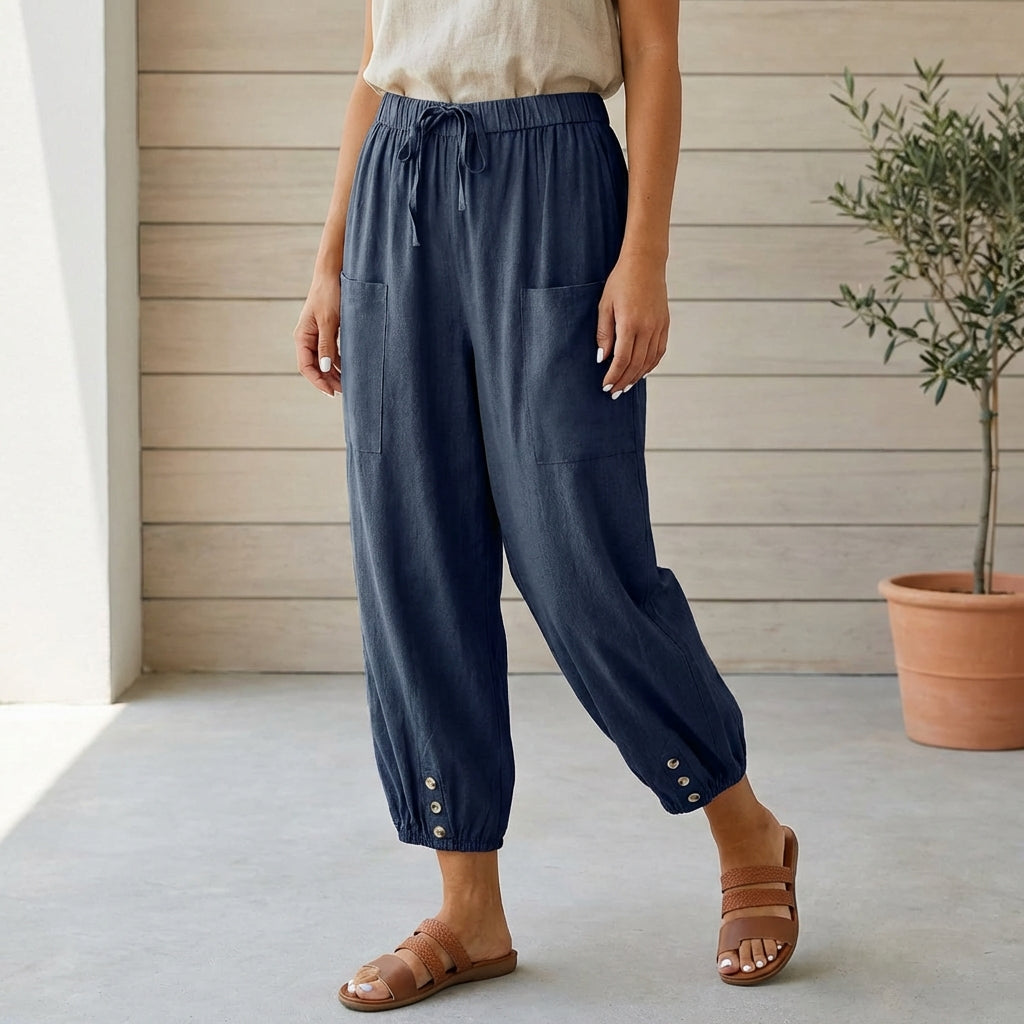 High-Waisted Relaxed Cropped Pants with Gathered Ankles