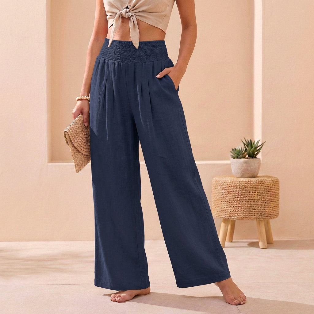 Alexandra Flowing Wide-Leg Pants with Smocked Waistband