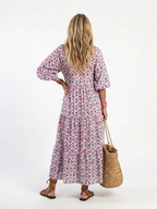 Boho Geometric Print Maxi Dress with Puff Sleeves and Tiered Skirt