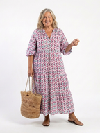 Boho Geometric Print Maxi Dress with Puff Sleeves and Tiered Skirt