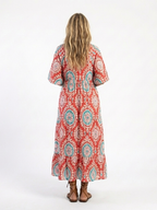Boho Medallion Print Midi Dress with Kimono Sleeves and Ruffle Hem