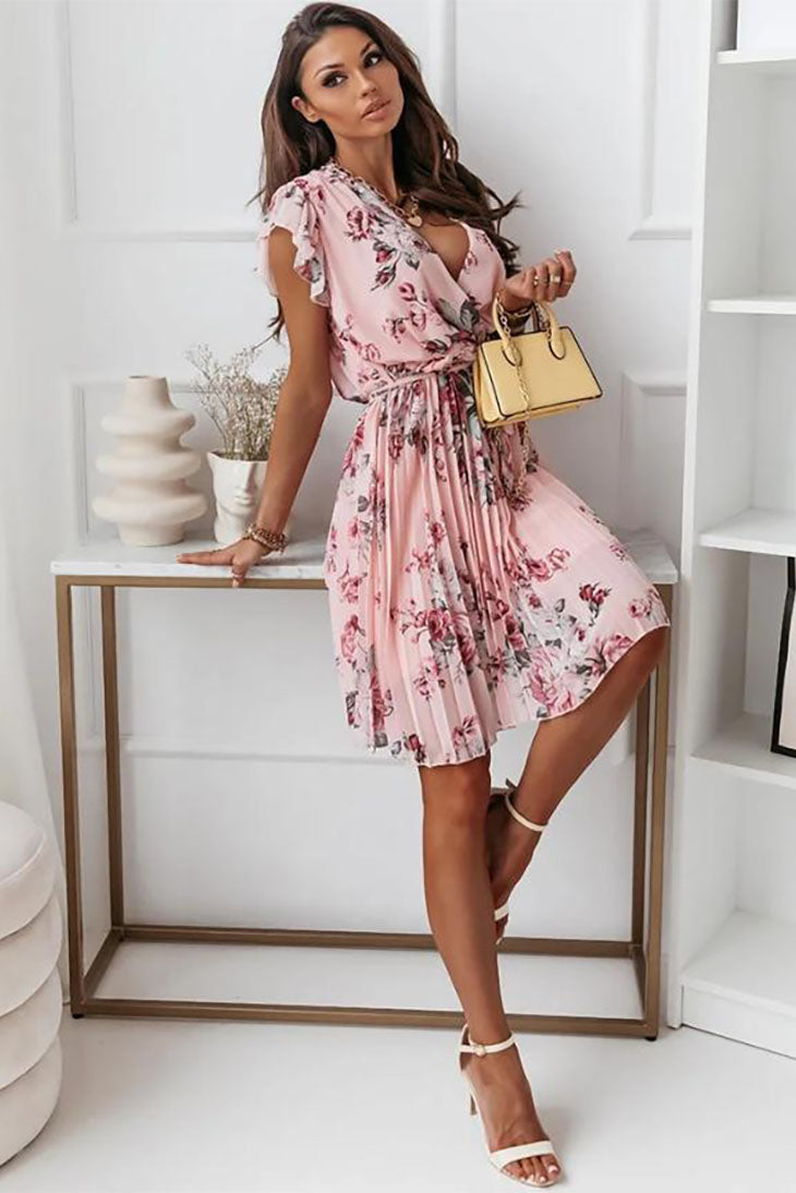 Floral Wrap V Neck Boho Flutter Sleeve Mini Dress