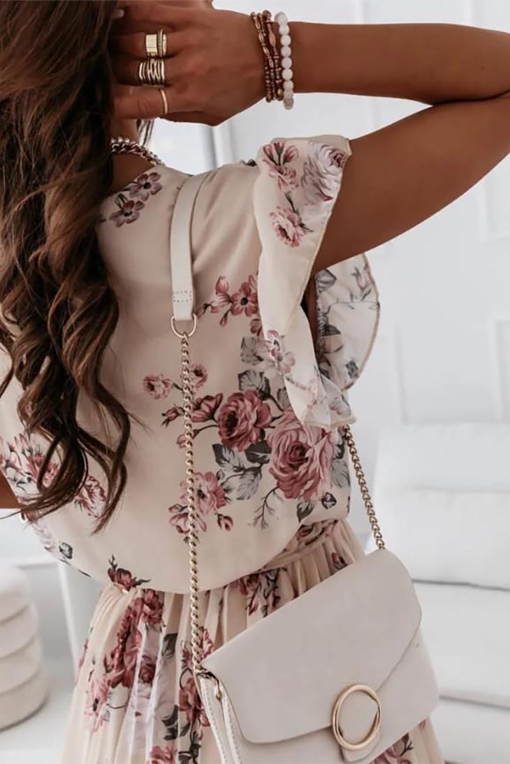Floral Wrap V Neck Boho Flutter Sleeve Mini Dress