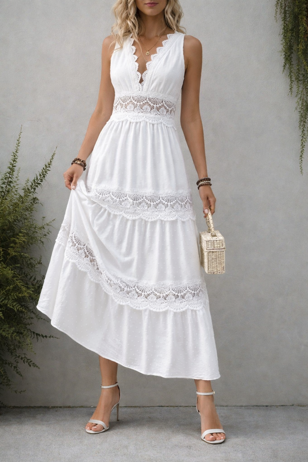 Lace Boho V Neck Maxi Dress White Summer