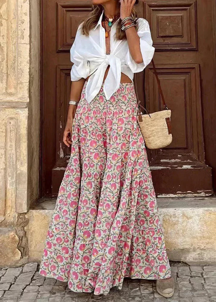 Floral High Waist A Line Boho Maxi Skirt Summer