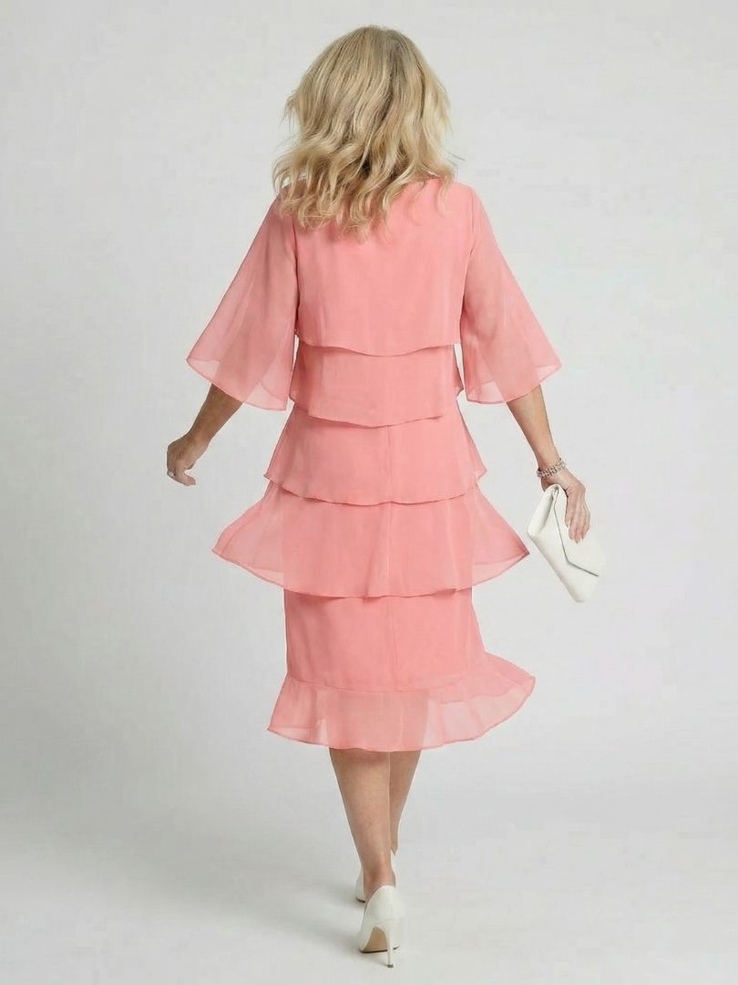 Elegant Tiered Chiffon Midi Dress with Three Quarter Sleeves