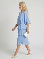 Elegant Tiered Chiffon Midi Dress with Three Quarter Sleeves