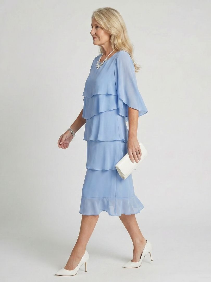 Elegant Tiered Chiffon Midi Dress with Three Quarter Sleeves