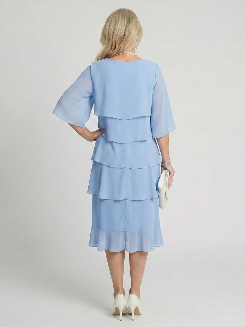 Elegant Tiered Chiffon Midi Dress with Three Quarter Sleeves