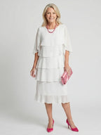Elegant Tiered Chiffon Midi Dress with Three Quarter Sleeves