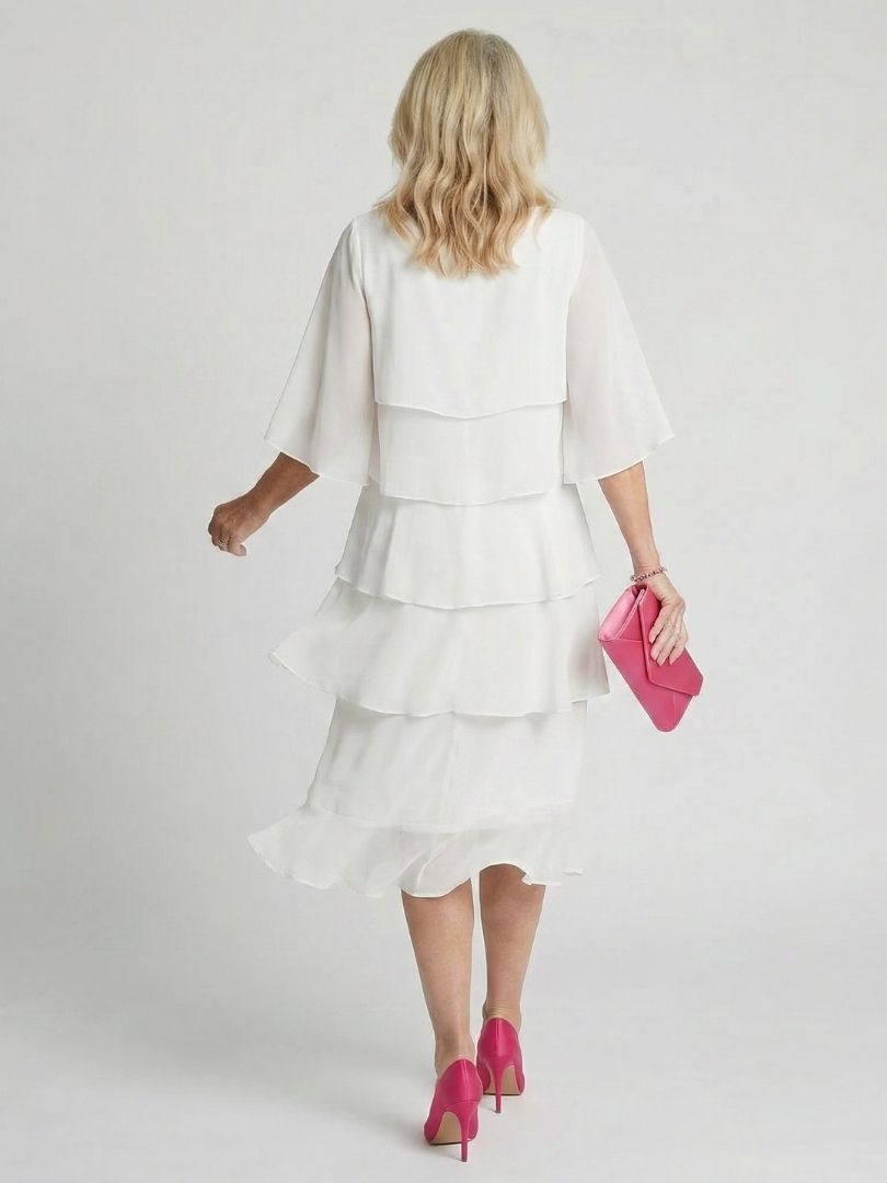 Elegant Tiered Chiffon Midi Dress with Three Quarter Sleeves