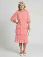 Elegant Tiered Chiffon Midi Dress with Three Quarter Sleeves