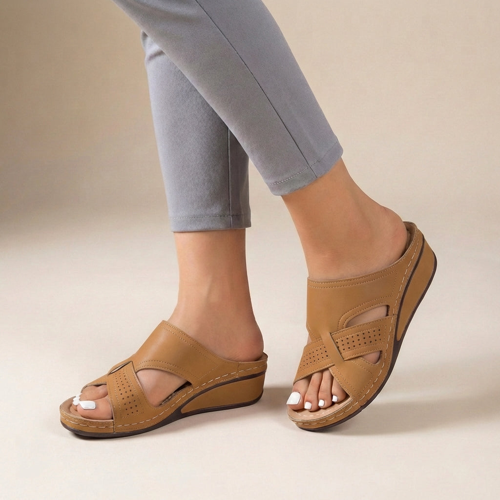 Suede Slip-On Wedge Sandals with Artistic Cutout Straps and Open Toe
