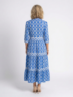 Chain Print Tiered Midi Dress with Three Quarter Sleeves and Collar