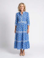 Chain Print Tiered Midi Dress with Three Quarter Sleeves and Collar