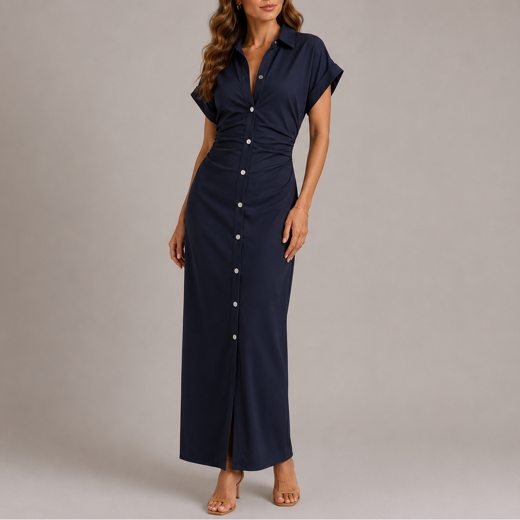 Navy Tailored Denim Midi Dress with Side Zip and Lapel Collar, front view