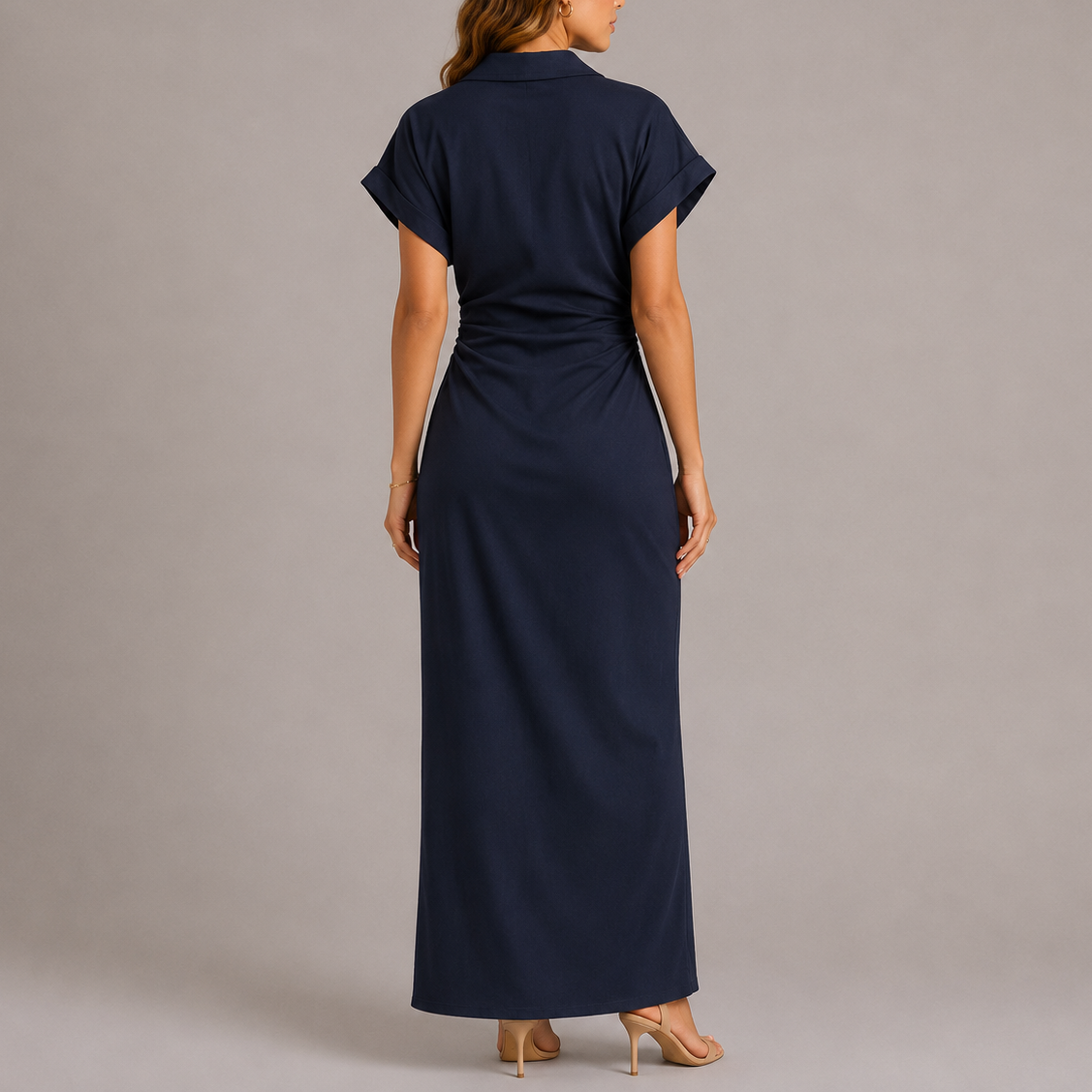 Navy Tailored Denim Midi Dress with Side Zip and Lapel Collar