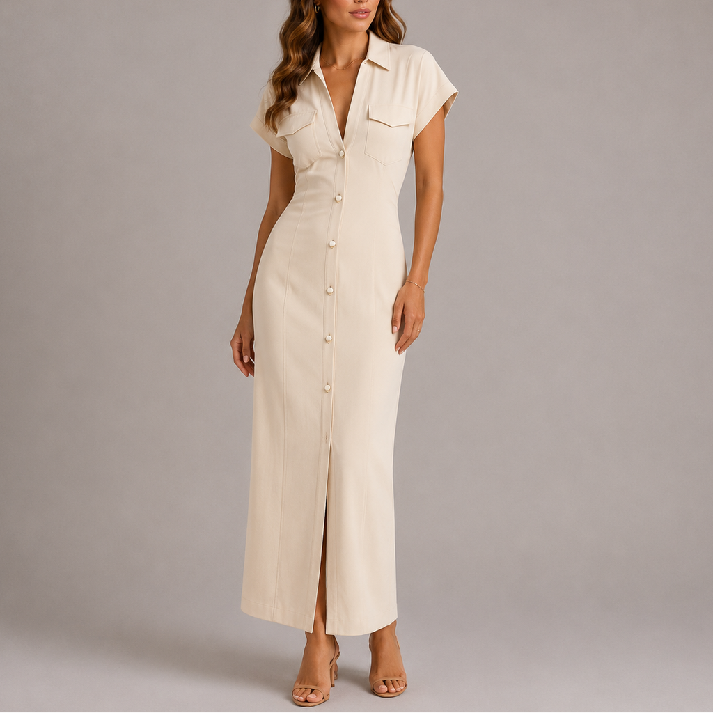 Navy Tailored Denim Midi Dress with Side Zip and Lapel Collar