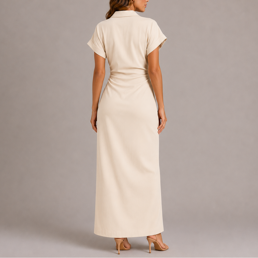 Navy Tailored Denim Midi Dress with Side Zip and Lapel Collar