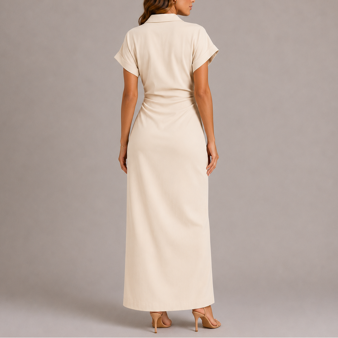 Navy Tailored Denim Midi Dress with Side Zip and Lapel Collar
