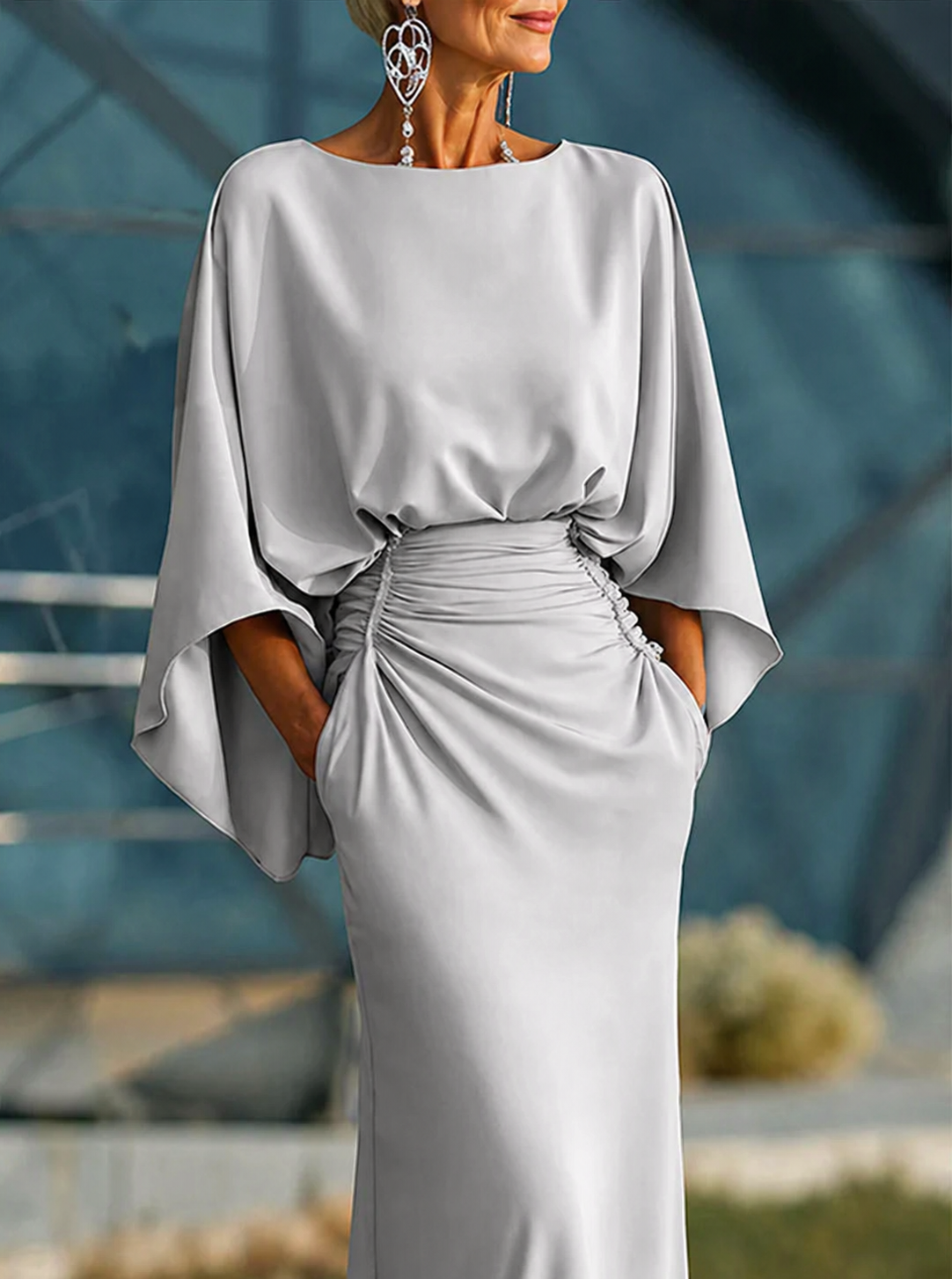 Grey Sleeveless V-Neck A-Line Midi Dress