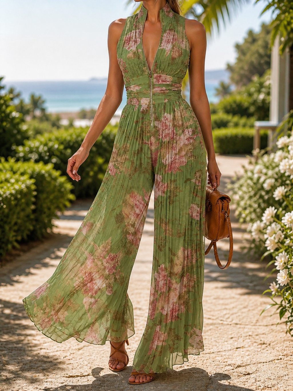 Floral Chiffon Wide Leg V Neck Jumpsuit