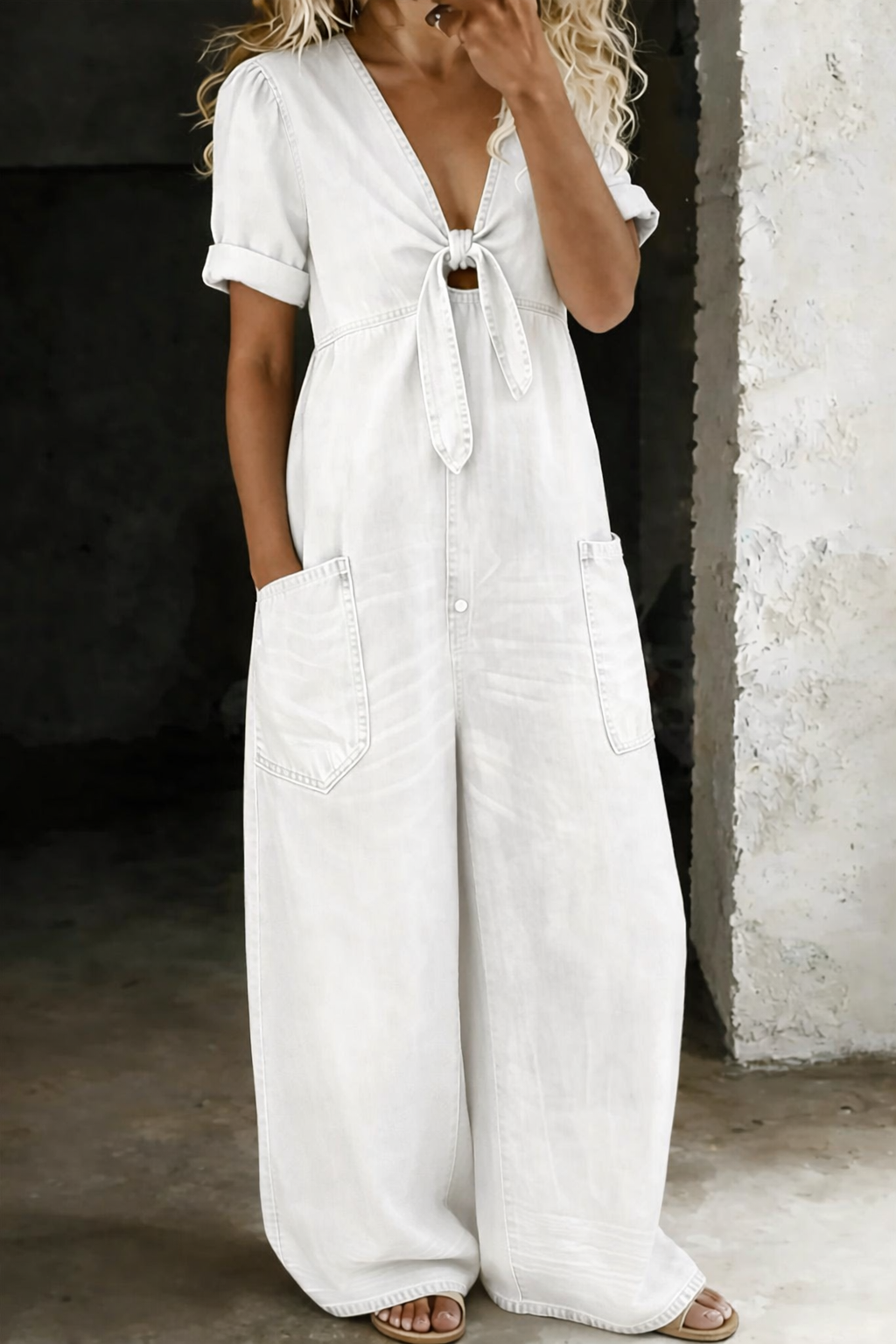 Blue V-Neck Tie-Front Jumpsuit