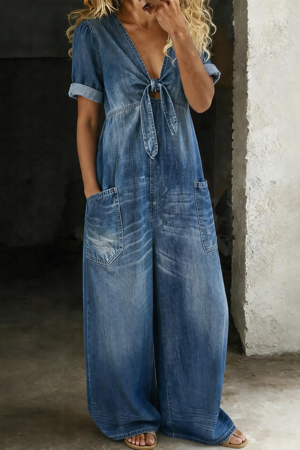 Blue V-Neck Tie-Front Jumpsuit, front view
