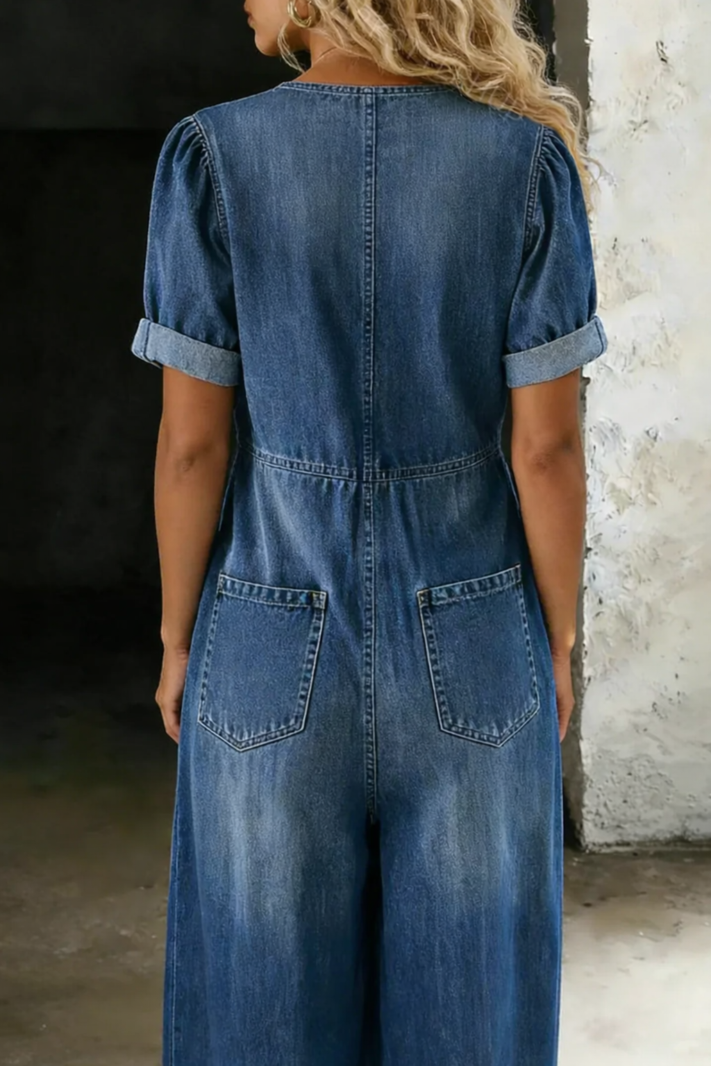 Blue V-Neck Tie-Front Jumpsuit