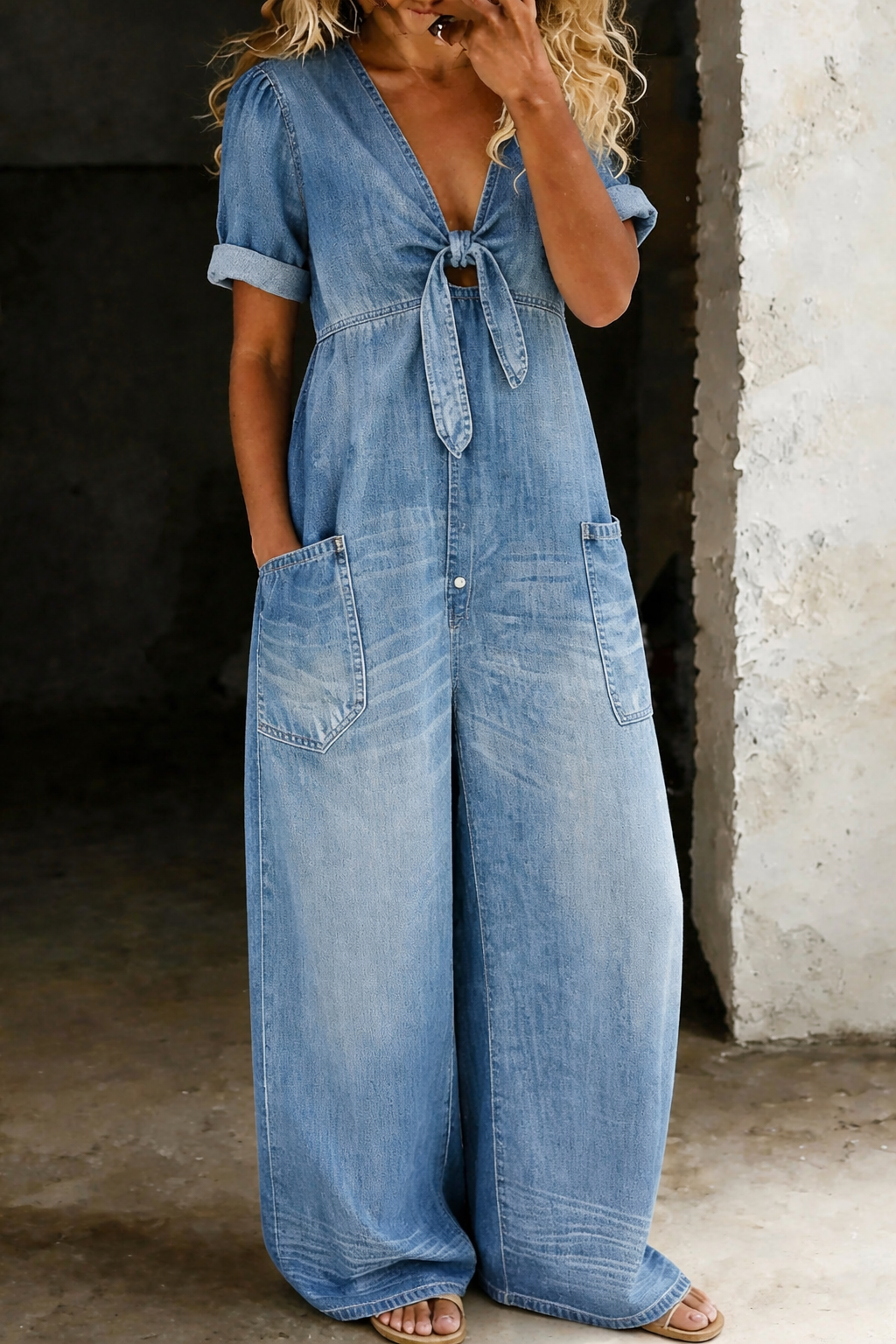 Blue V-Neck Tie-Front Jumpsuit