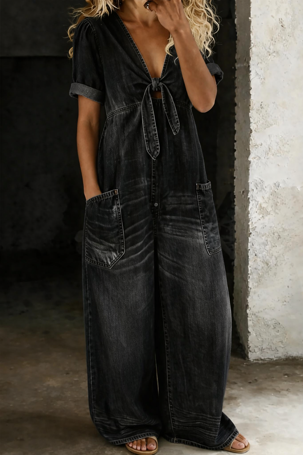 Blue V-Neck Tie-Front Jumpsuit