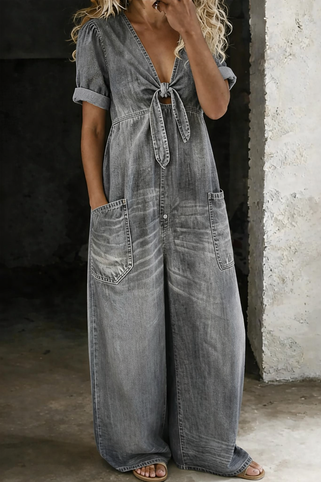Blue V-Neck Tie-Front Jumpsuit