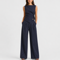 Navy pinstripe wrap top and wide-leg trousers co-ord set, front view