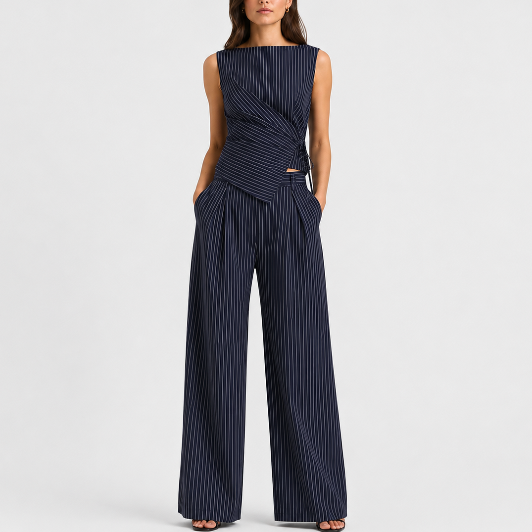 Navy pinstripe wrap top and wide-leg trousers co-ord set, front view