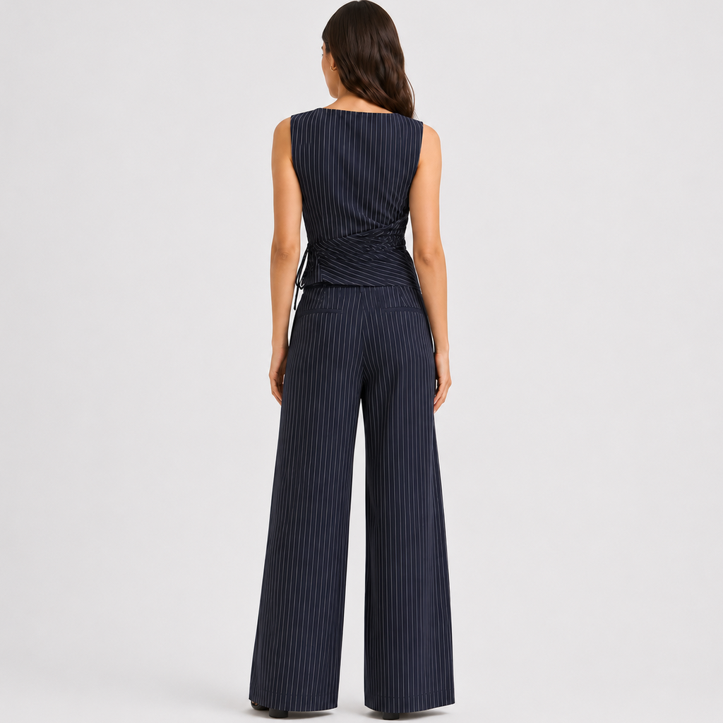 Pinstripe wrap top and wide-leg trousers co-ord set