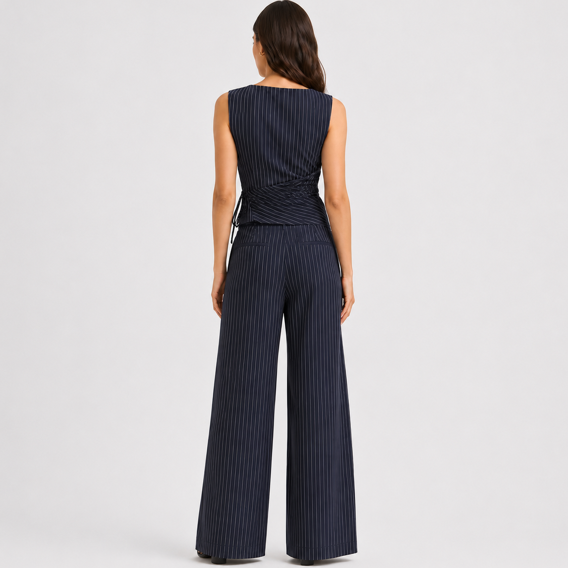 Pinstripe wrap top and wide-leg trousers co-ord set