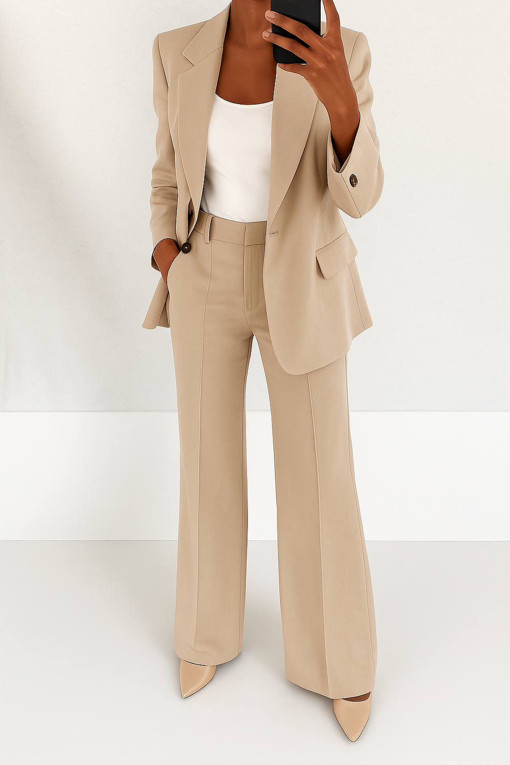 Beige tailored blazer and trouser co-ord set