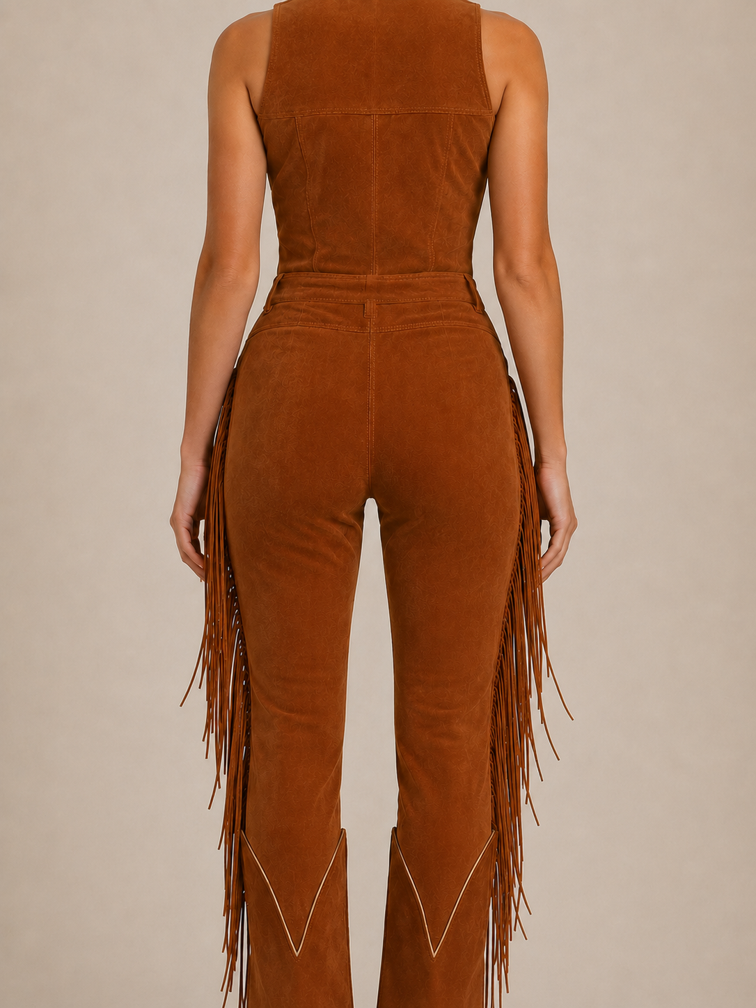 Brown Suede Fringe Vest Jumpsuit
