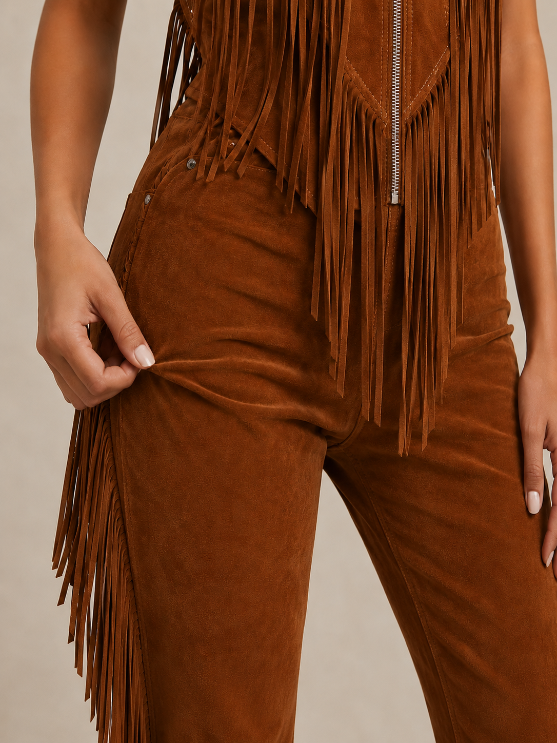 Brown Suede Fringe Vest Jumpsuit