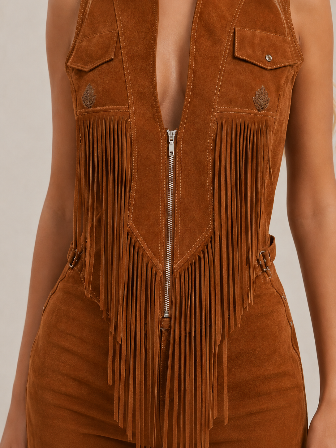 Brown Suede Fringe Vest Jumpsuit