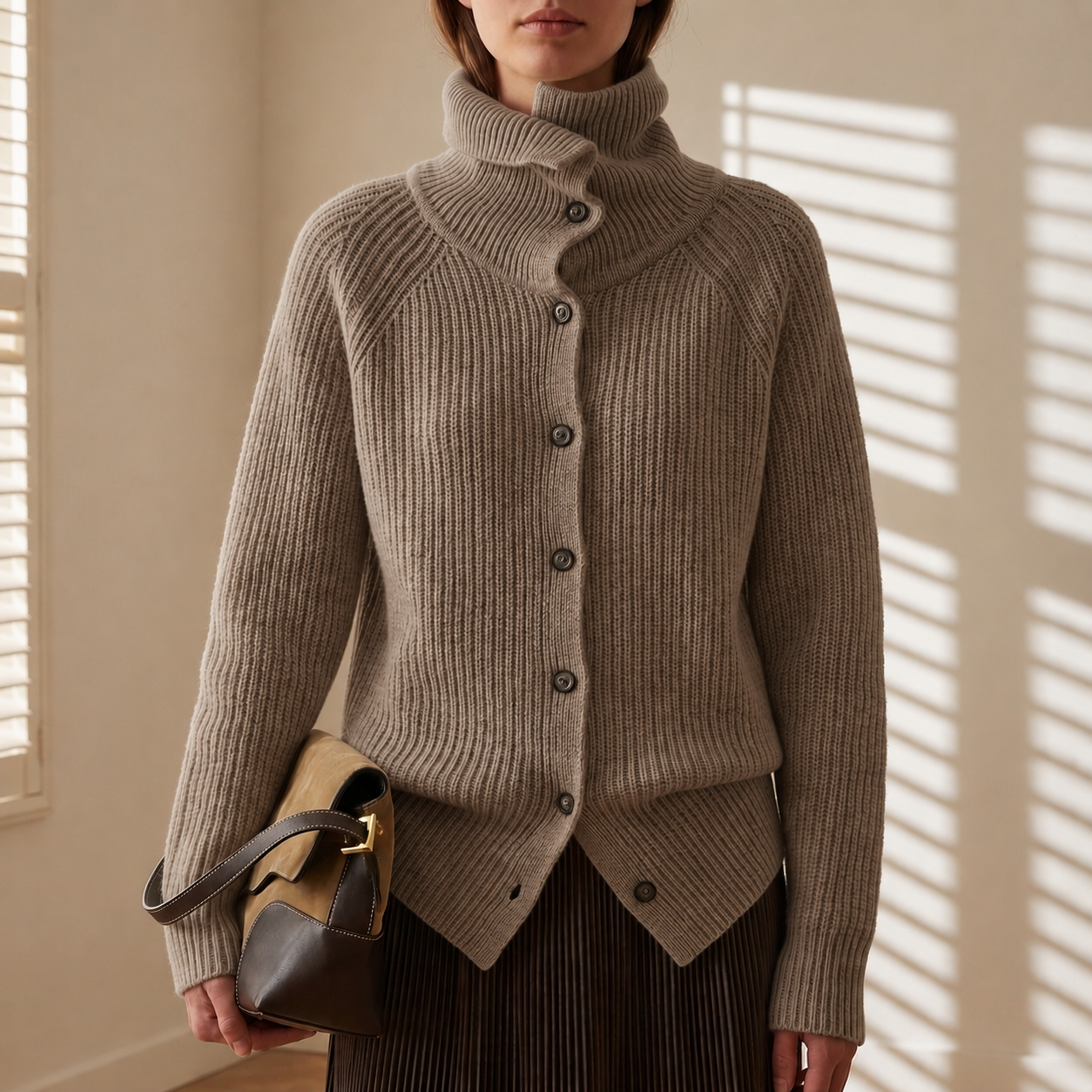 Taupe Chunky Knit Cardigan, front view